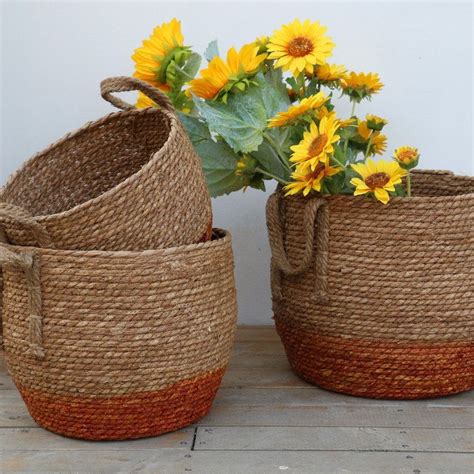 Chic Rustic Braided Straw Basket With Handles Straw Plant Holder Straw Storage Basket Laundry ...