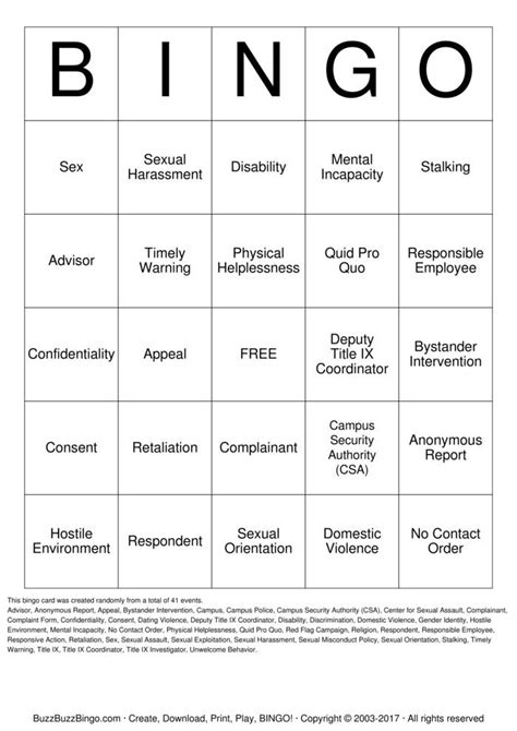 sexual harrassment bingo cards   print  customize