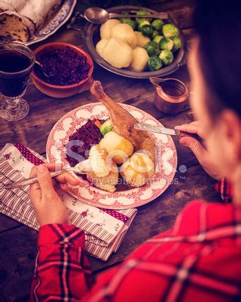 Traditional German Holiday Goose Dinner With Dumplings And Red C Stock