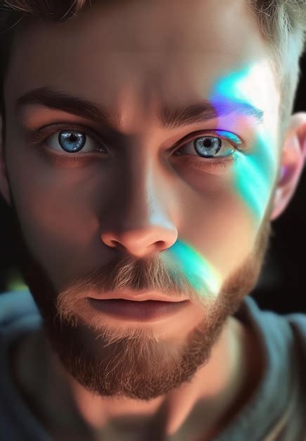 Un hombre con ojos azules y una luz en su rostro. | Foto Premium