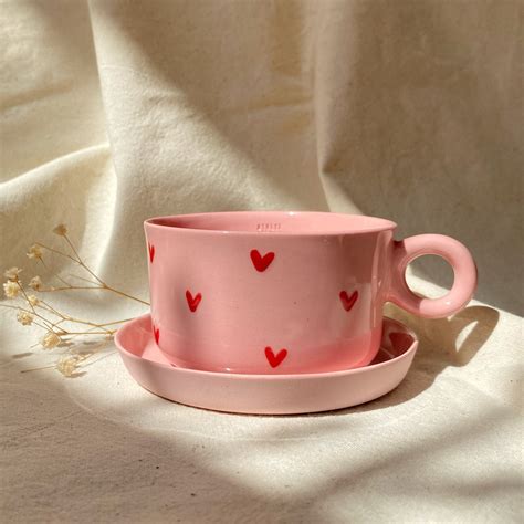 Ceramic Pink Red Heart Mug With Saucer, Porcelain Cup, Handmade Coffee