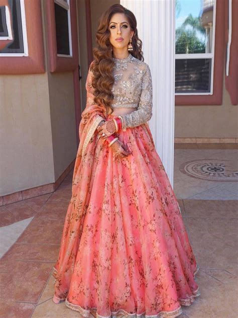 Buy Sabyasachi Pink Floral Digital Printed Organza Silk Bridal Lehenga ...