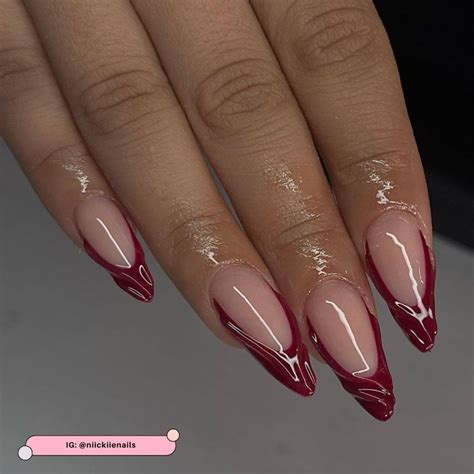 [Red French Tip Nails] (Textured Almond French)