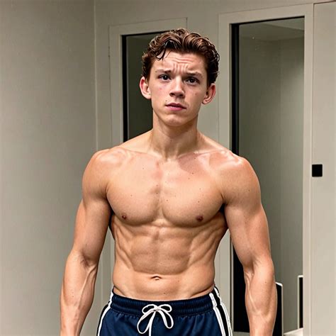 Tom Holland with boxer shorts on. He has a serious face