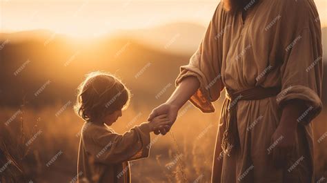 premium photo jesus holding childs hand  sunset