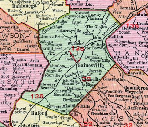 Hall County, Georgia, 1911, Map, Rand McNally, Gainesville, Flowery ...