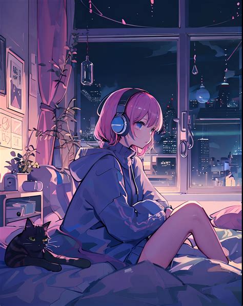 Anime girl listening to music in bed with cat - SeaArt AI