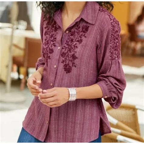 SOFT SURROUNDINGS NWT Peralta Blouse Plum Berry Embroidered Size M