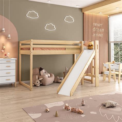 Cama Alta Com Escorregador - Cama Alta Infantil Divertida com Escorregador Transversal Casatema ...