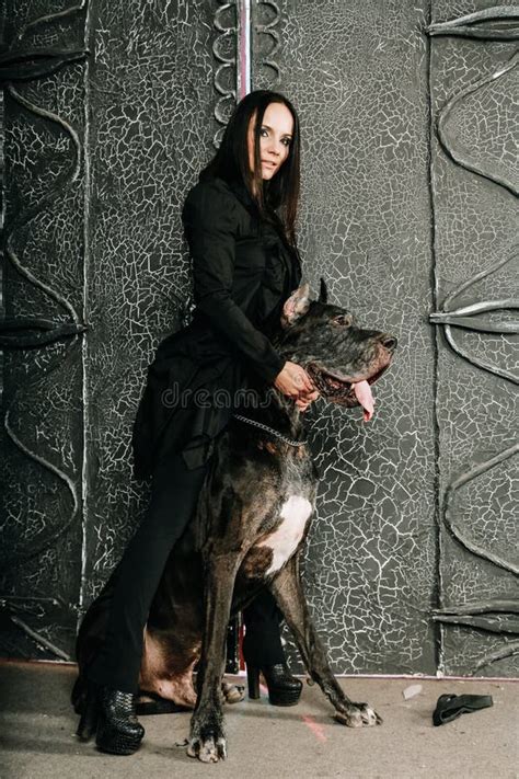 Beautiful Young Woman Posing with Her Great Dane Dog in the Studio Near ...