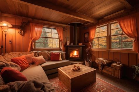 Premium AI Image | Cozy cabin retreat with fireplace and plush couch ...