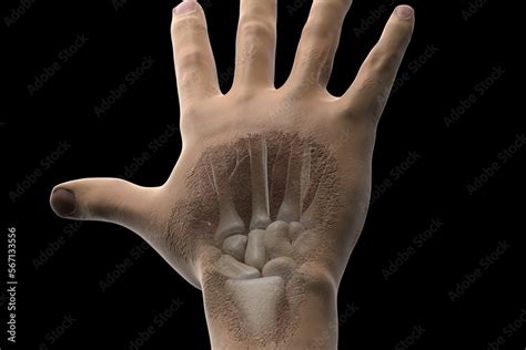 Dorsal view of a hand where its bones can be viewed. The anatomy of a ...