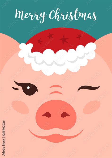 Merry Christmas Card, Funny Christmas pig. Cartoon portrait of a pig in a red Santa Claus hat ...