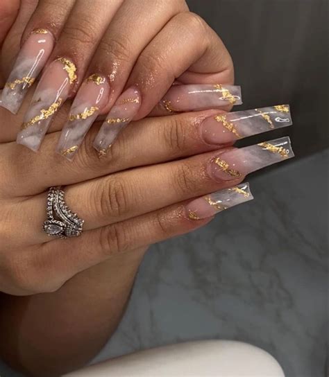 Clear Acrylic Nails, French Tip Acrylic Nails, Long Square Acrylic Nails, White Nails With Gold ...