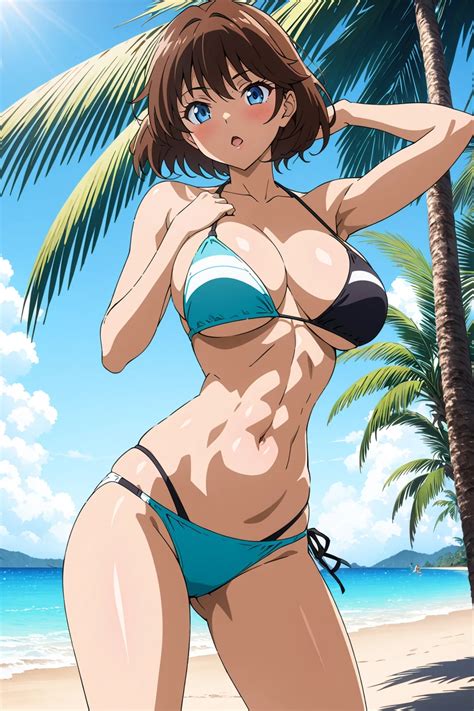 anime girl  bikini posing  beach  palm trees  background