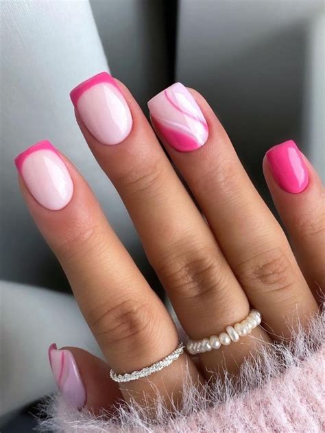 hot pink square french tips with swirl accent Pink Tip Nails, Pink ...