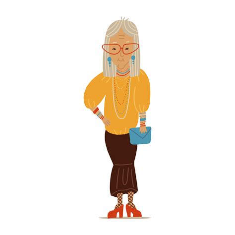 Beautiful old woman in elegant trendy clothes. Senior female cartoon