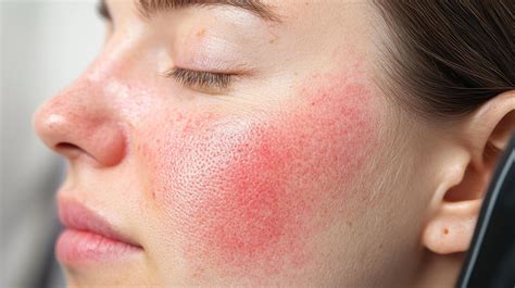 Close-up of a woman's face displaying skin redness, sensitive skin