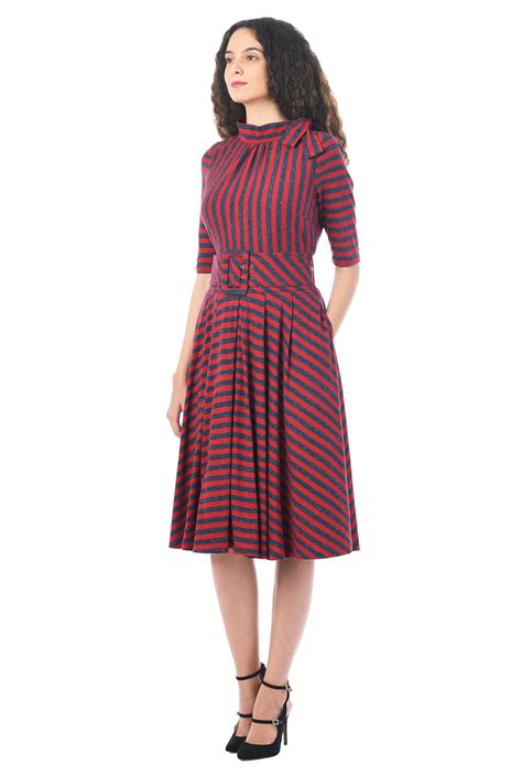 Shop Tie neck stripe cotton knit belted dress | eShakti