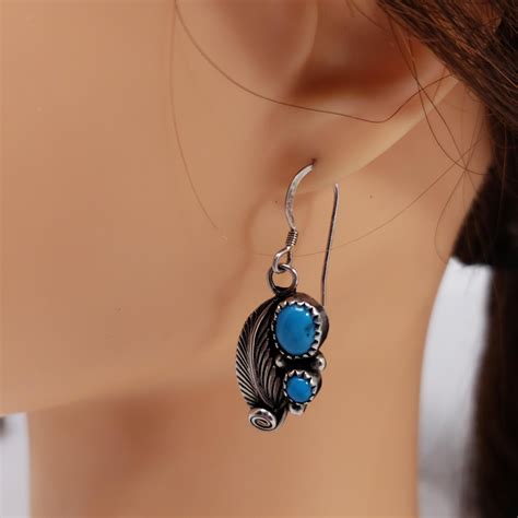 Native American Turquoise Feather Earrings, Sterling Silver, Hook, 20th