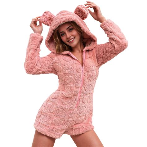 RYRJJ Womens Plush Hooded Jumpsuit Sherpa Fuzzy Pajamas Long Sleeve